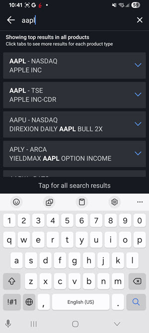 The option wizard search intrument page on the Android Phone